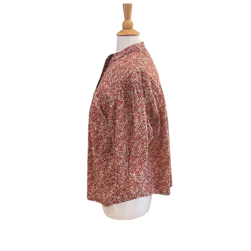 Lee Red Floral Short Sleeve Button Down Shirt, Band Collar, Cottage, Size L